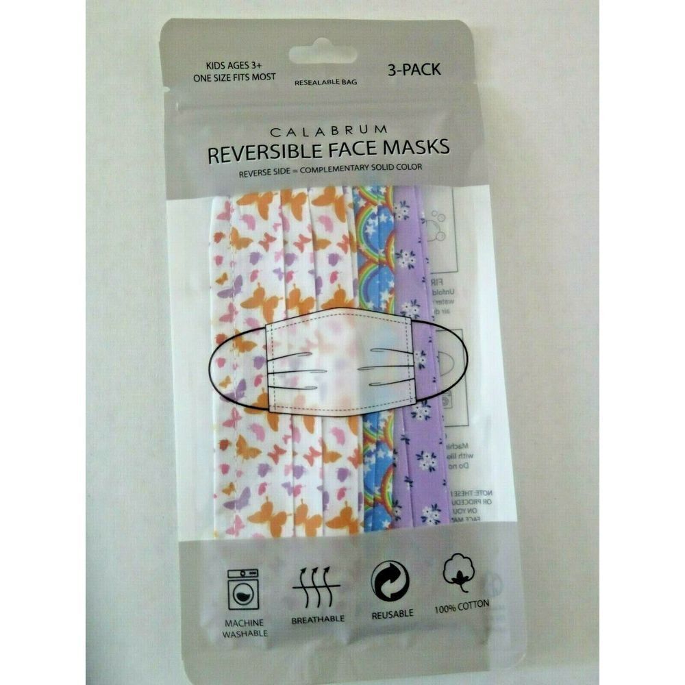 Calabrum Face Masks Reusable 3 Pack Kids 3+ Reversible Cotton Rainbow Butterfly